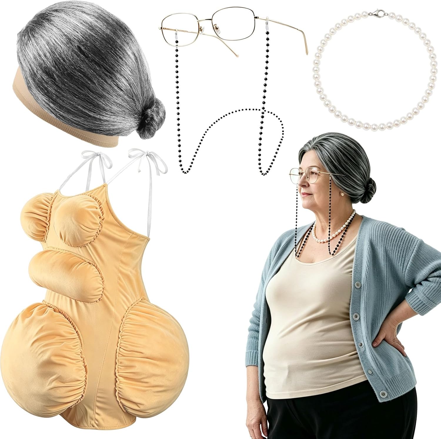 Pearl Necklace - Şişman Yaşlı Kadın Kostüm Seti, Yetişkinler